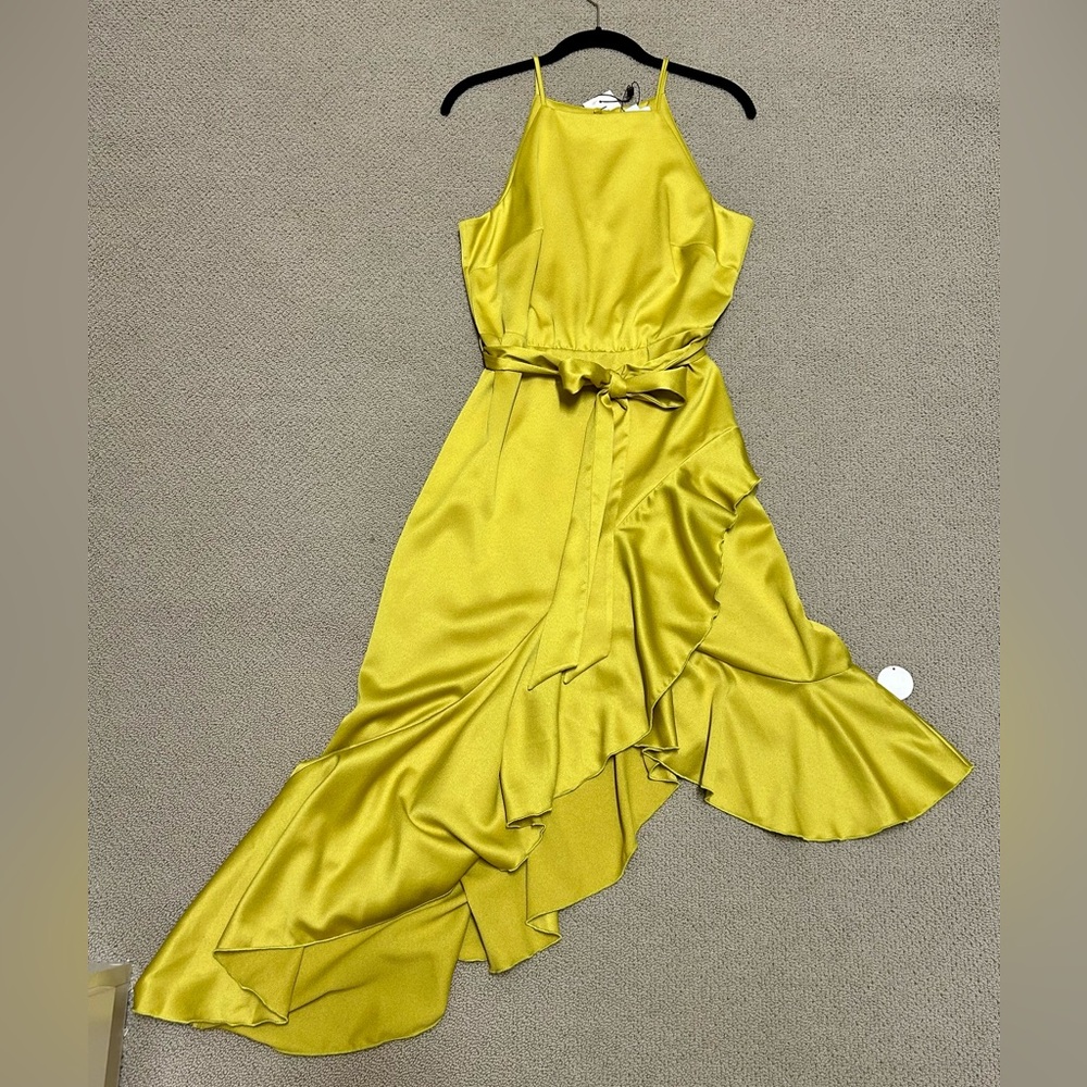 Stylecheat Chartreuse Asymmetrical Ruffled Halter Dress